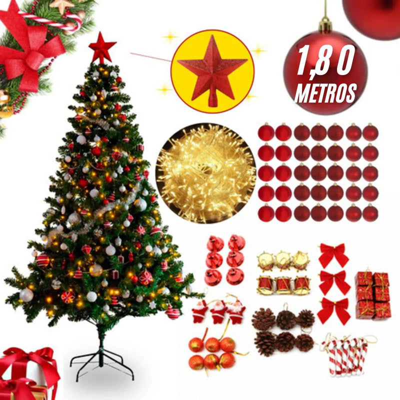 Arvore Natal 1,80m 500 Galhos Decorada Enfeitada Pinheiro Luxo Completa +80 Enfeites